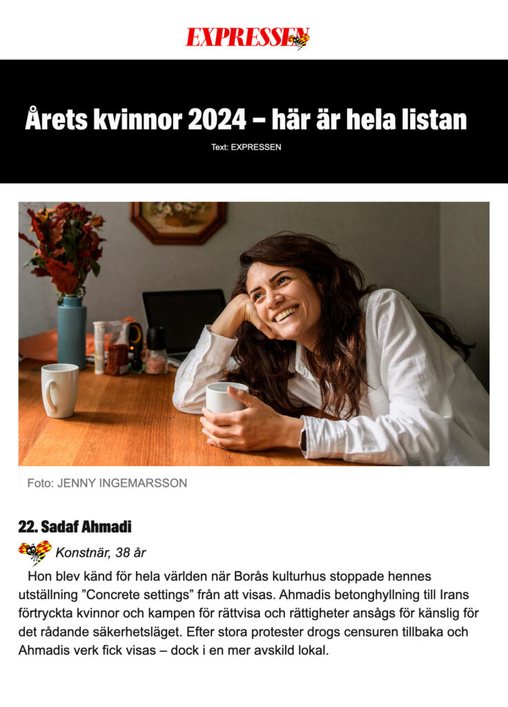 Sadaf Ahmadi women's day Sweden number 22 influatial women concrete setting exhibition baned halted exhibition